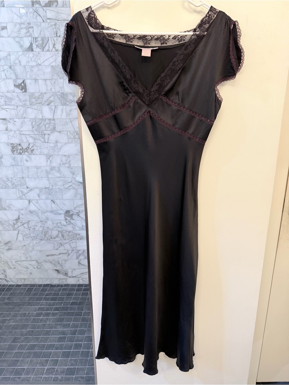 Rebecca Taylor Black Silk Midi Slip Dress with Purple and Lace Trim